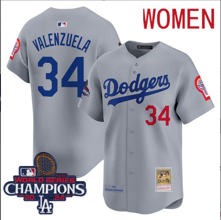 Women MLB Los Angeles Dodgers #34 Valenzuela grey 2024 World Series Champions Patch Cooperstown Jersey->women mlb jersey->Women Jersey
